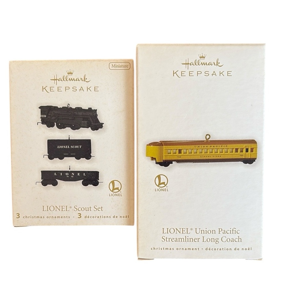 Hallmark Keepsake Lionel Train Ornament Lot of 2 Scout Set & Union Pacific Coach